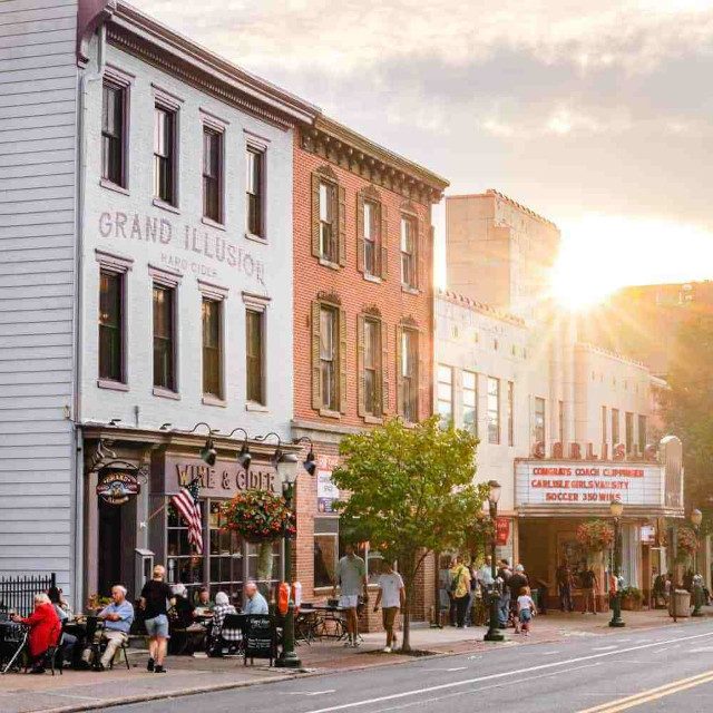 A town in Pennsylvania with shops on the street.