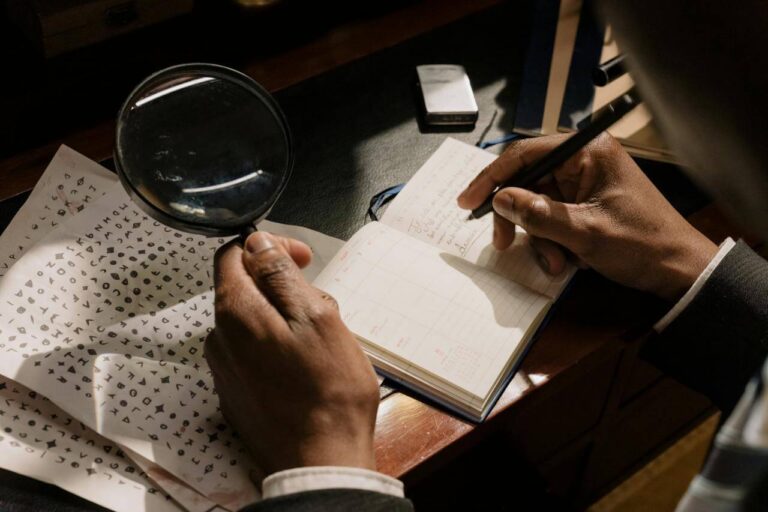Man holding a magnifying glass over a notebook deciphering code.